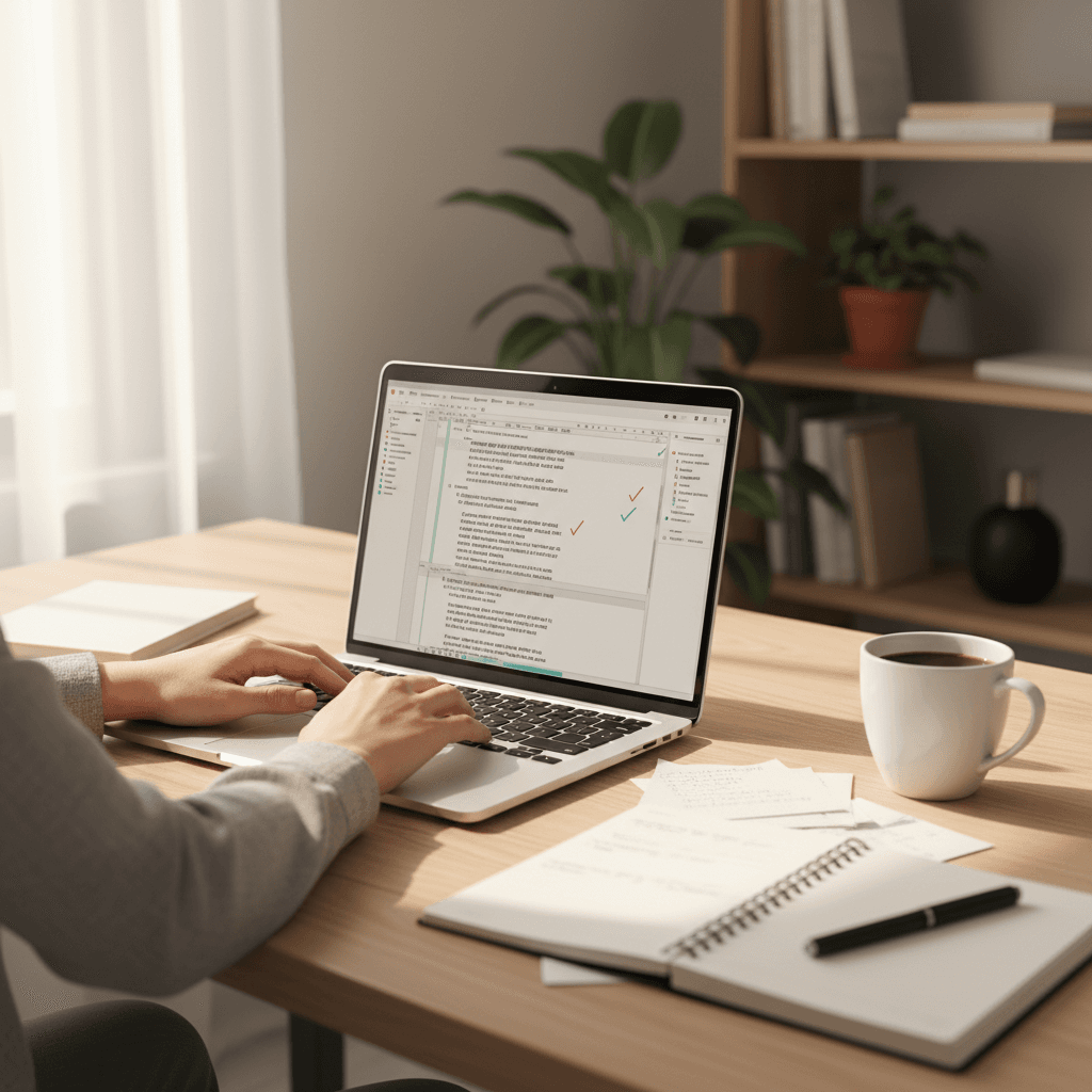 Professional writer editing website content on laptop