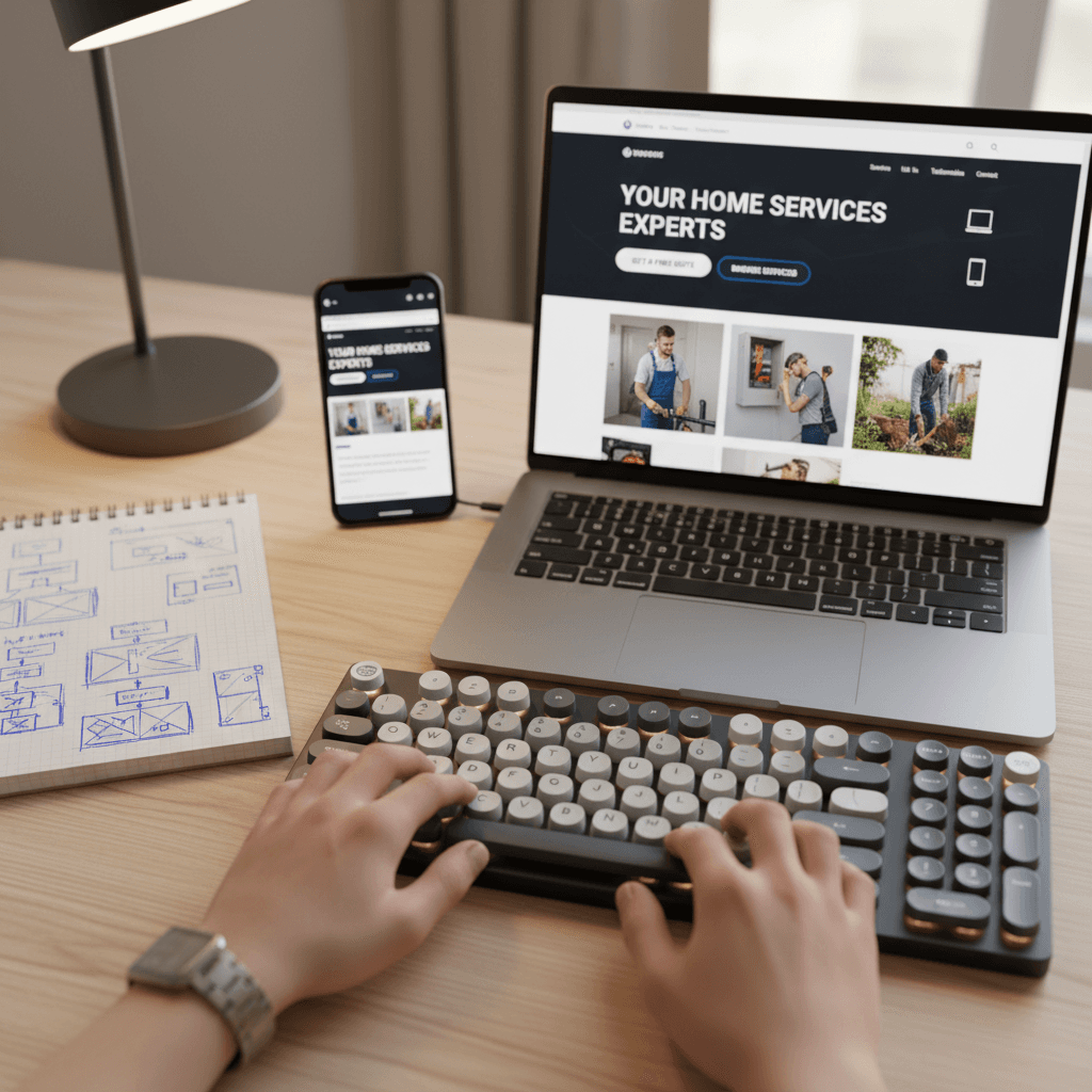Person clicking preview button on laptop showing website design