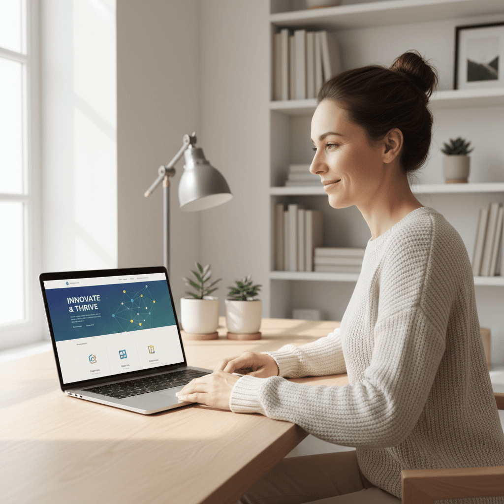 Small business owner reviewing a website preview on a laptop