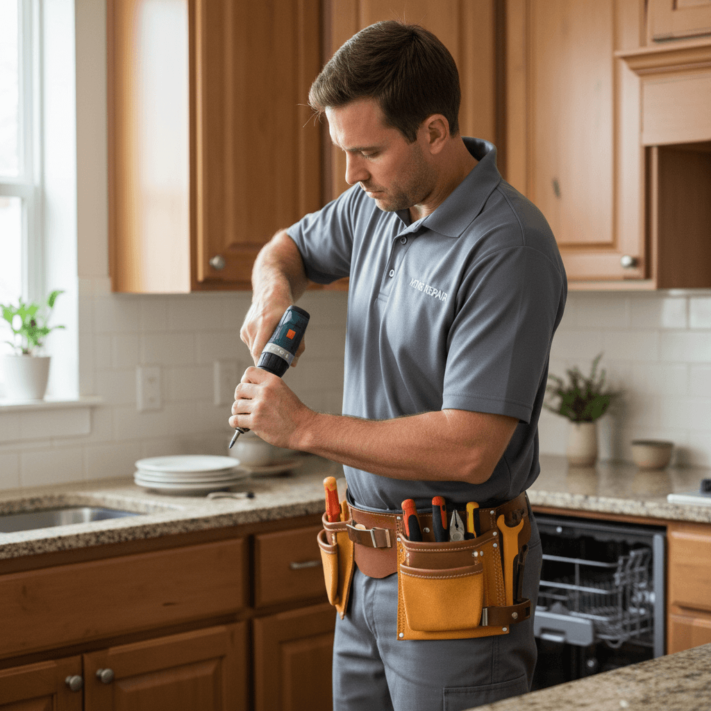 Professional handyman repairing residential door lock or cabinet hardware with precision tools in kitchen