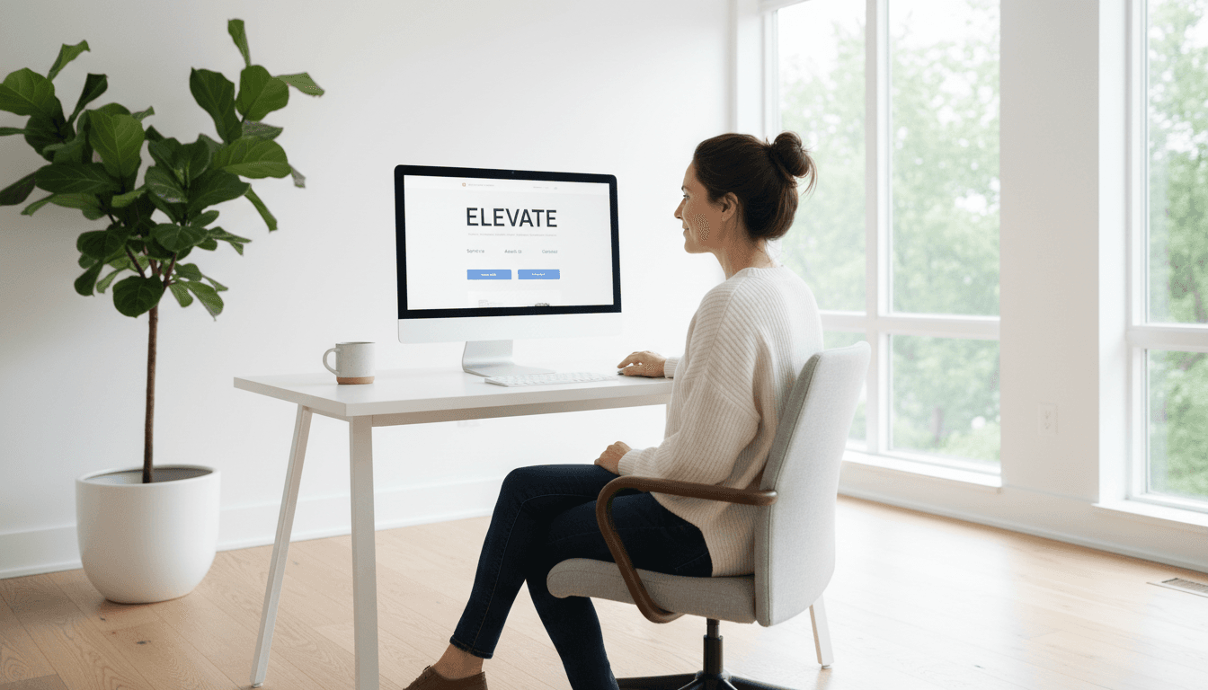 Small business owner reviewing website on laptop