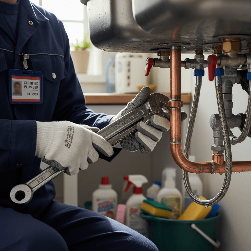 Licensed plumber's hands installing copper pipe fittings beneath kitchen sink with specialized tools and water supply connections visible