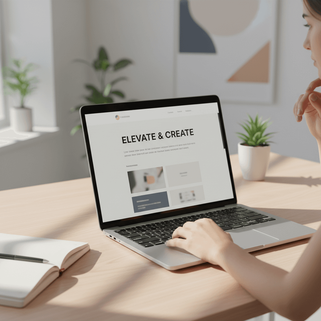 Small business owner looking at website design on laptop
