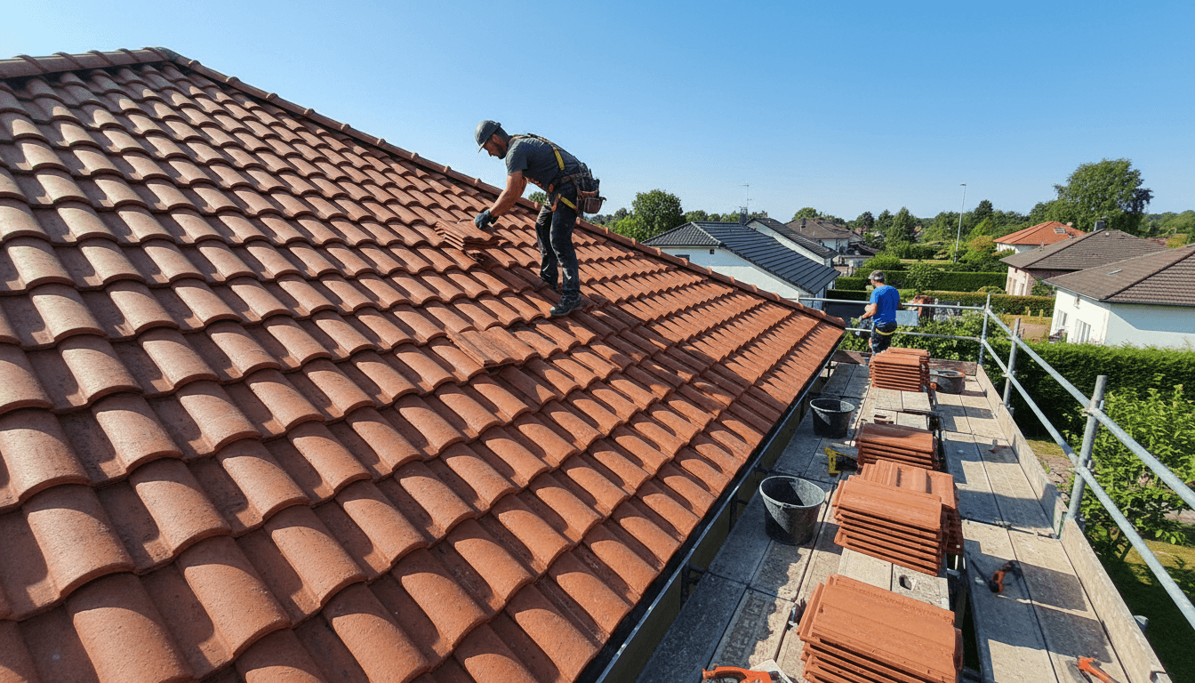 Skilled roofers installing clay tiles on residential pitched roof during afternoon construction work with organized materials below