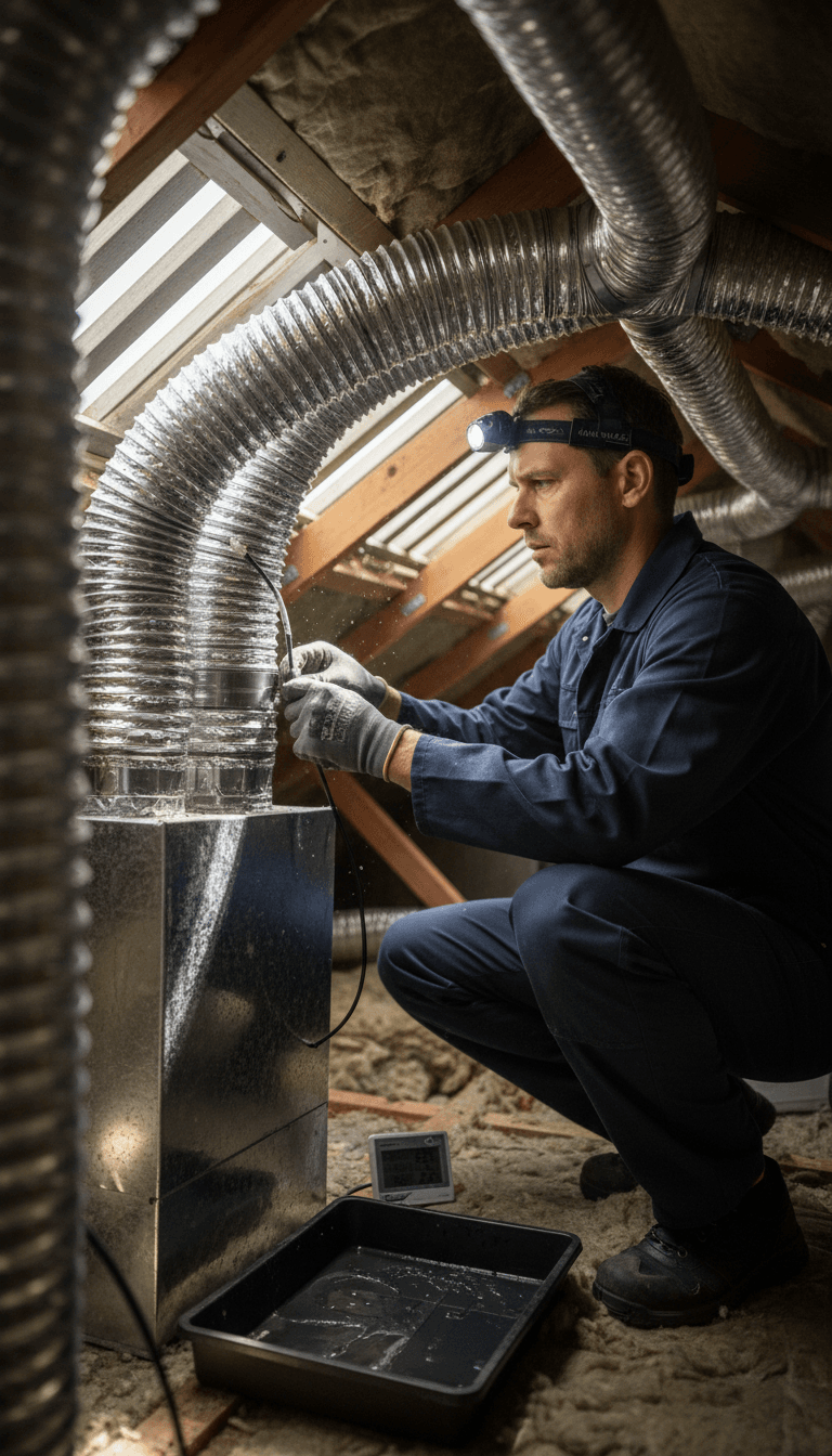 Professional technician inspecting passive ventilation ductwork connections in residential attic space