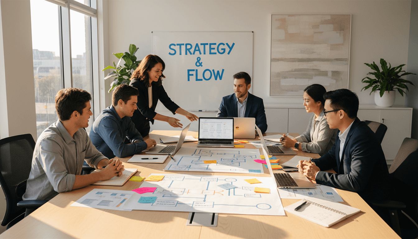 Diverse nonprofit leadership team collaborating around conference table with process diagrams and digital tools during consulting workshop
