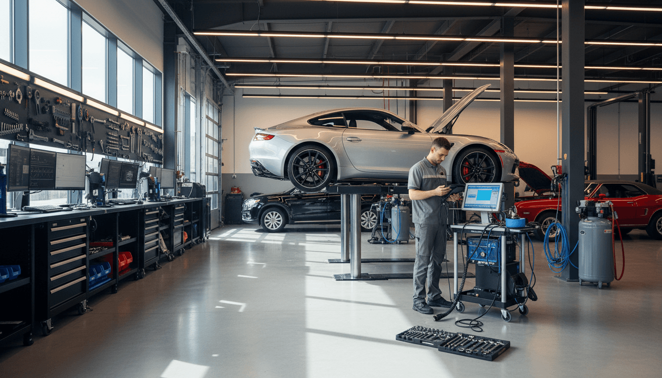 Automotive service bay with technician working on lifted vehicle, surrounded by diagnostic equipment and organized tools