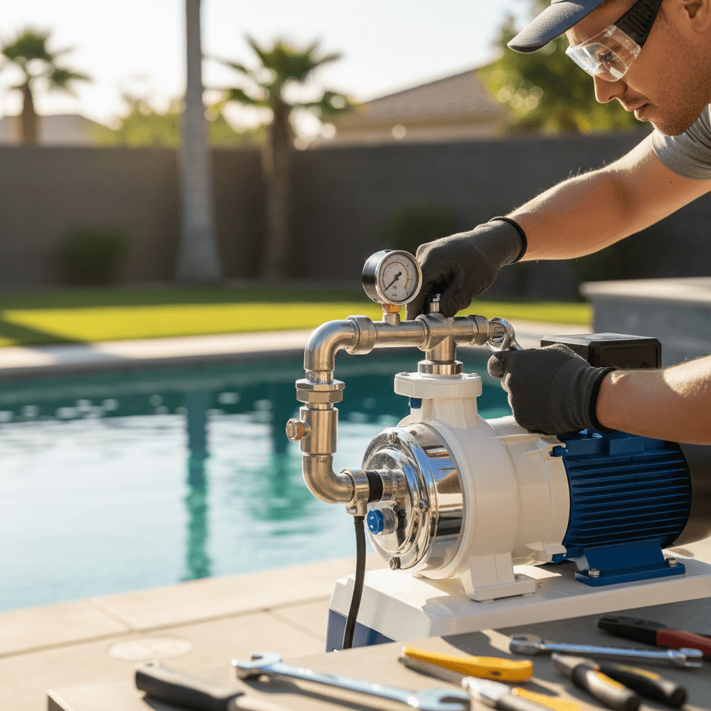 Technician installing pool pump and filtration equipment with precision, hands-on installation in residential backyard pool setting