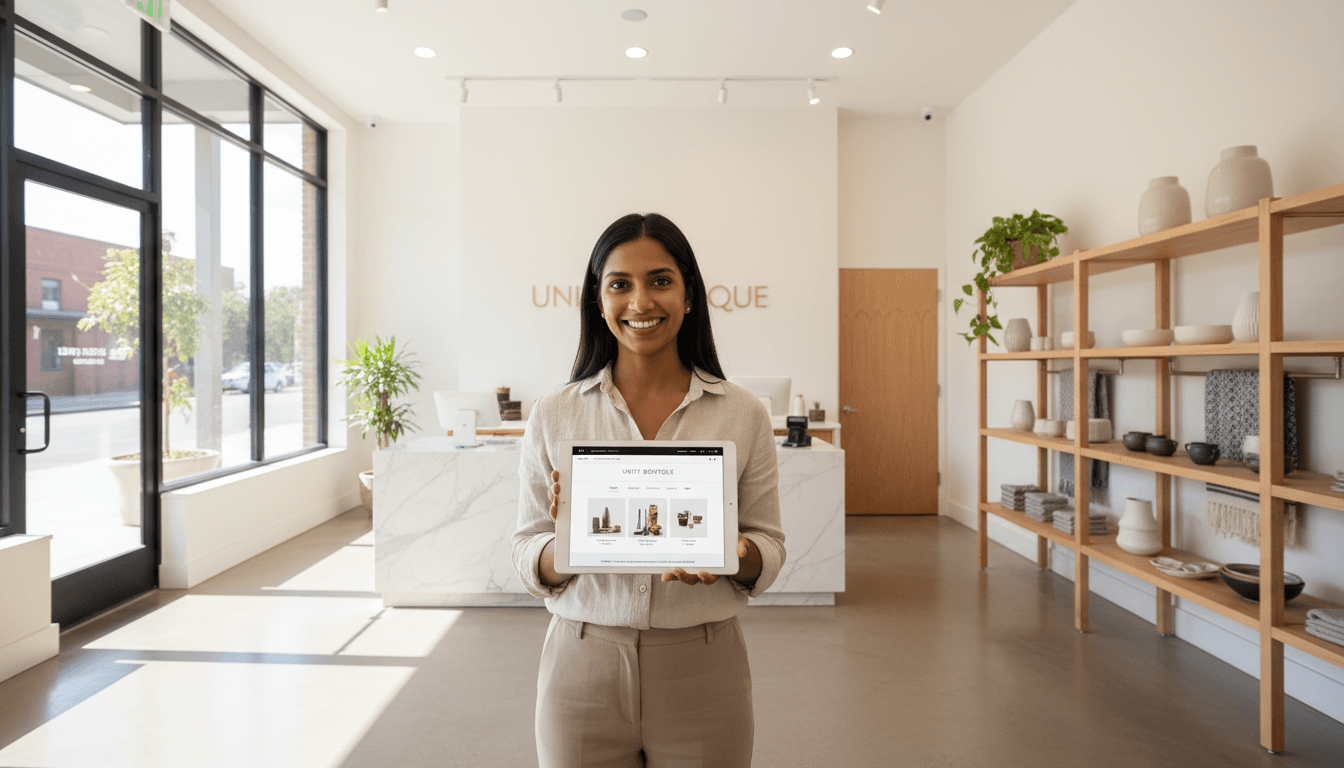 Retail business owner in storefront holding tablet displaying clean, modern website with products and contact information