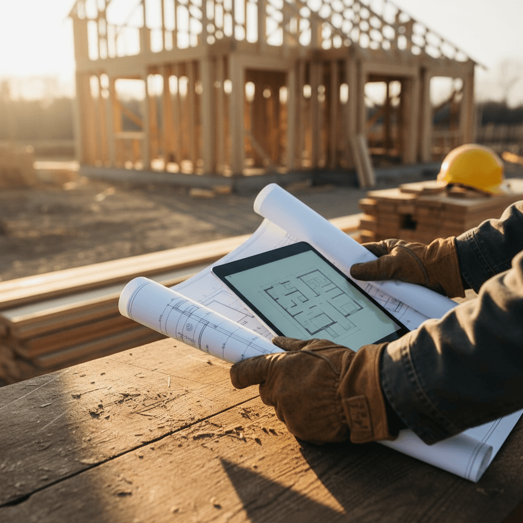 Contractor's hands reviewing blueprints and digital architectural designs on tablet at construction site workbench