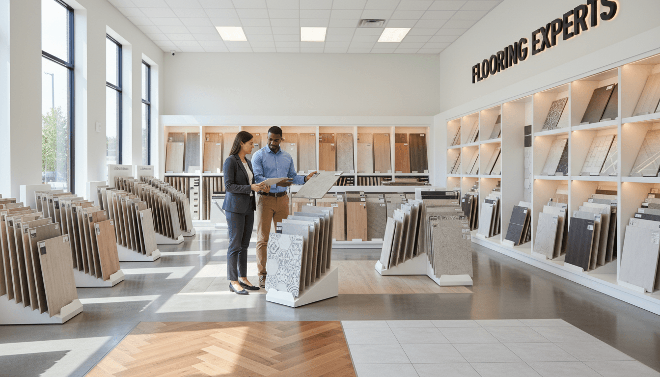 Flooring showroom with diverse customer and specialist examining floor samples, showcasing variety of materials and retail environment