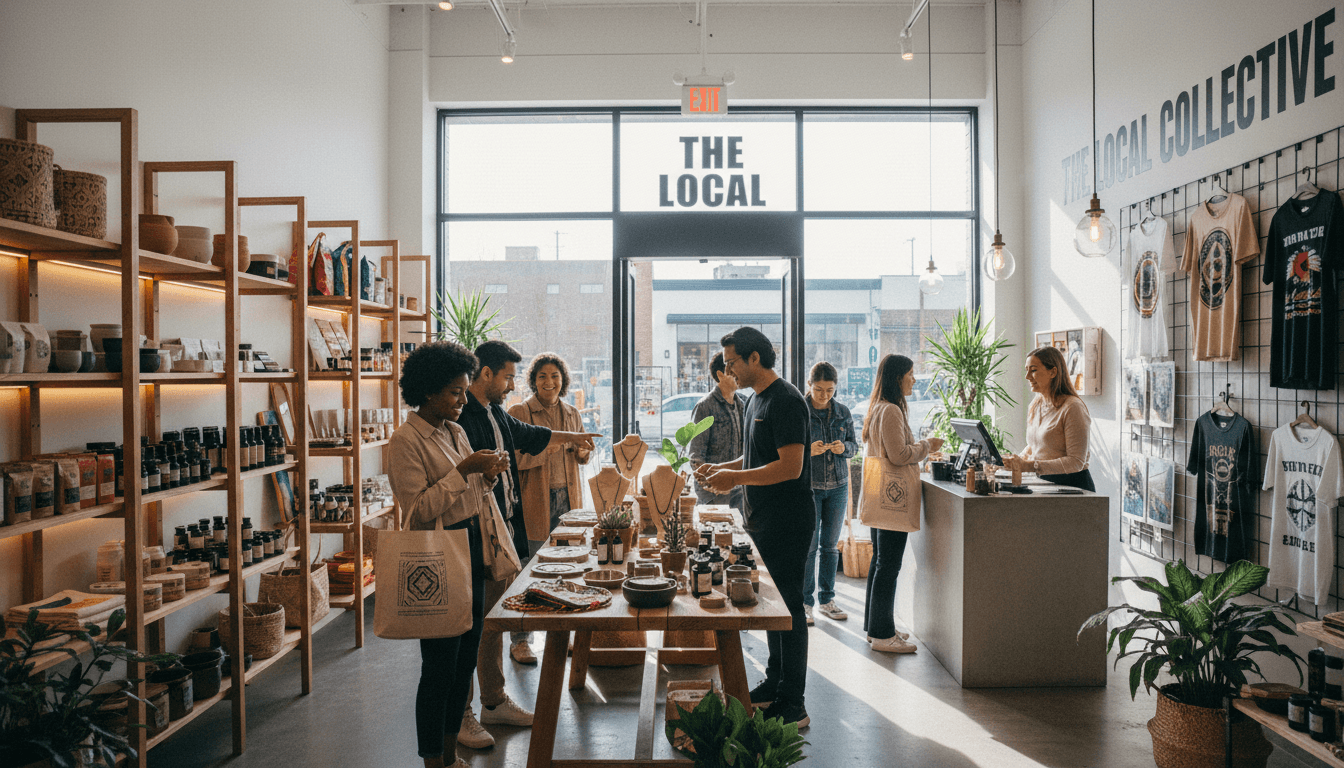 Modern retail shop interior with diverse product displays, customers shopping, and staff assisting at counter