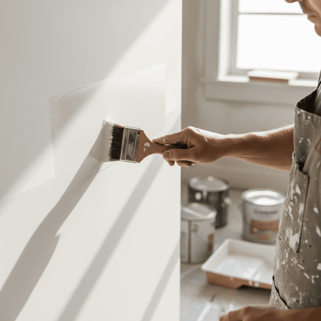Skilled painter's hands carefully applying interior paint with brush in natural window light