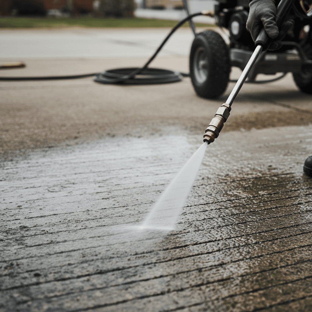 Close-up of pressure washer nozzle spraying high-pressure water on stained concrete driveway surface
